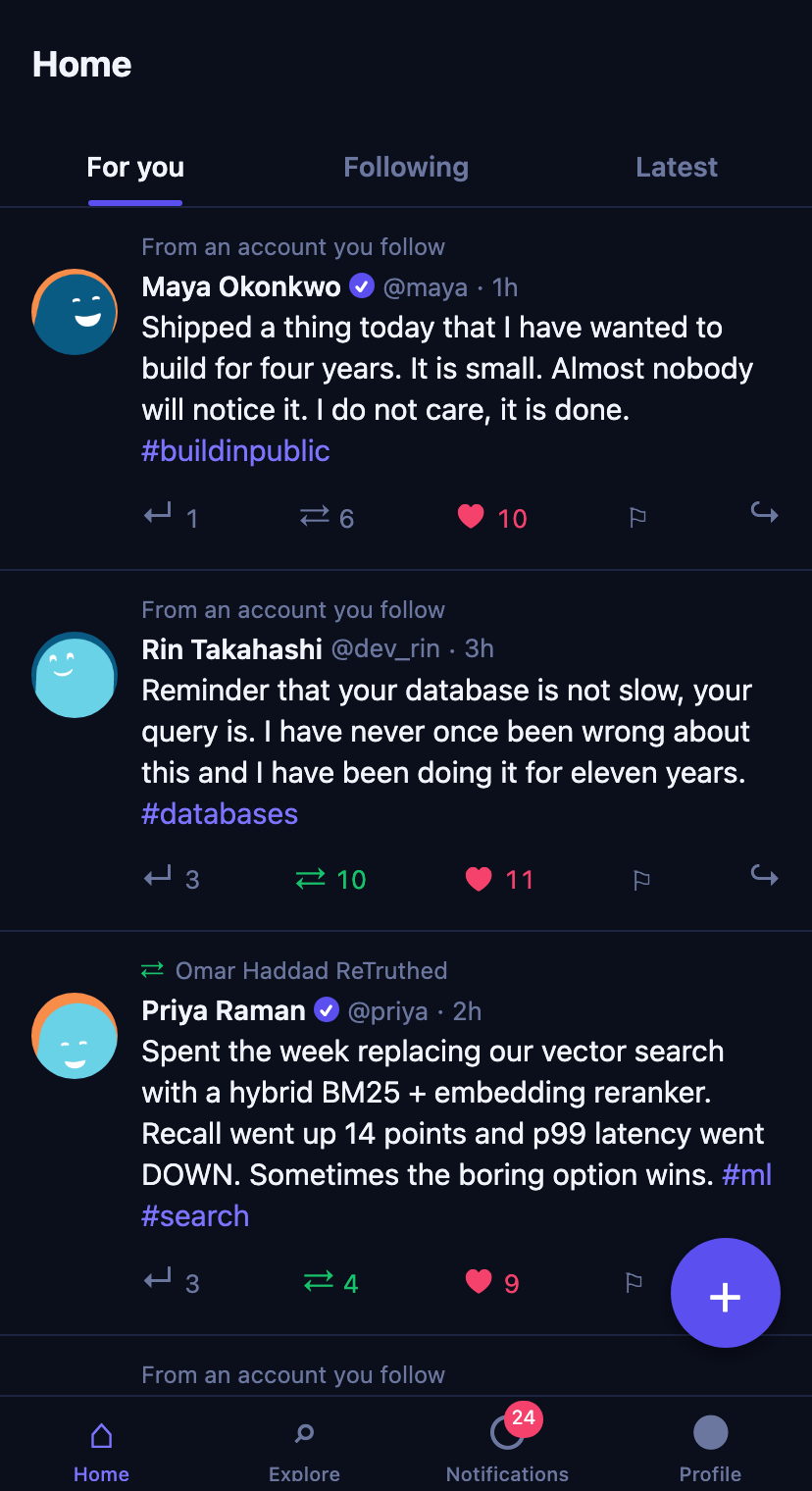 The GreatSocial app on a phone, showing the same ranked timeline.